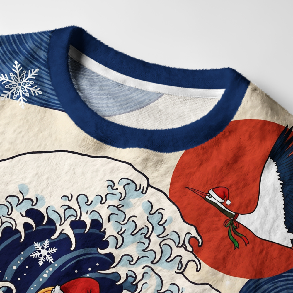 Tokyo-Tiger Koi And Waves Fuzzy Christmas Ugly Sweatshirt