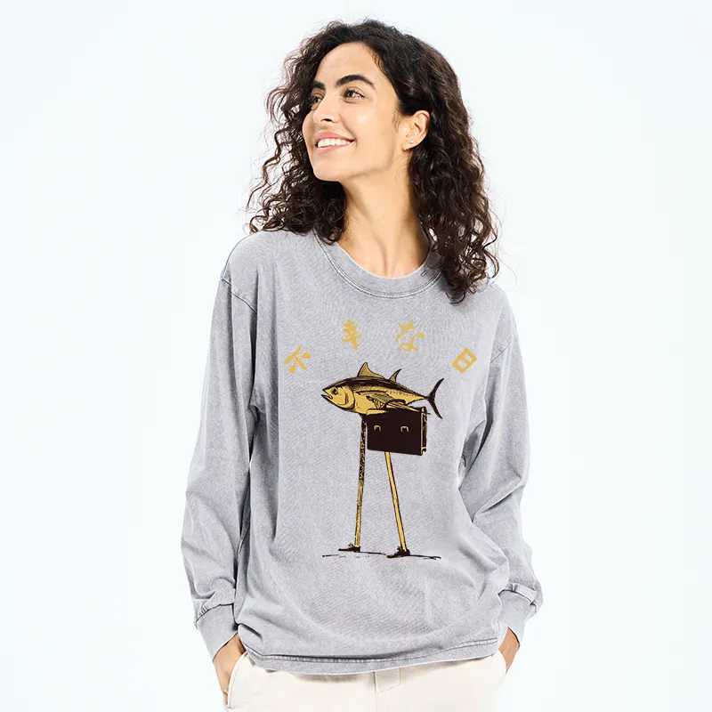 Tokyo-Tiger Unlucky Fish Japanese Washed Long Sleeve T-Shirt