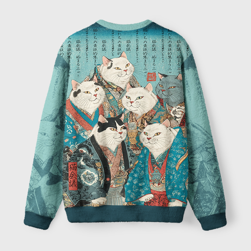 Tokyo-Tiger Formal Gathering of Ukiyo-e Cat Nobles Fuzzy Christmas Ugly Sweatshirt