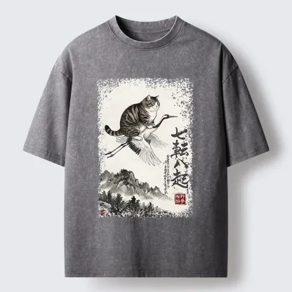 Tokyo-Tiger Funny Cat Riding Crane Art Washed T-Shirt