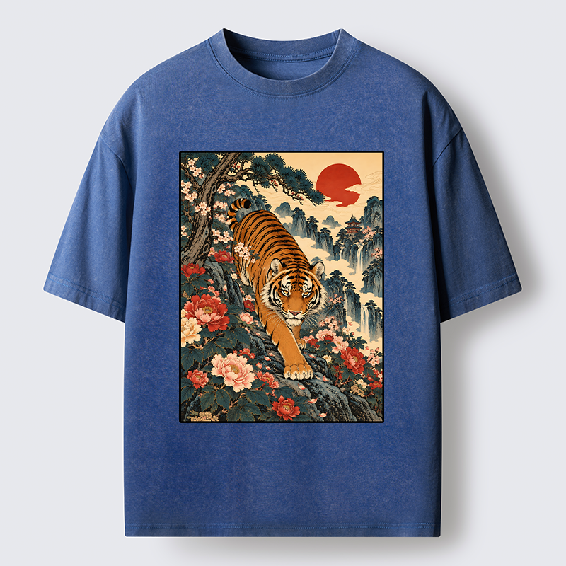 Tokyo-Tiger Vintage Ukiyo Wild Tiger Floral Graphic Washed T-Shirt