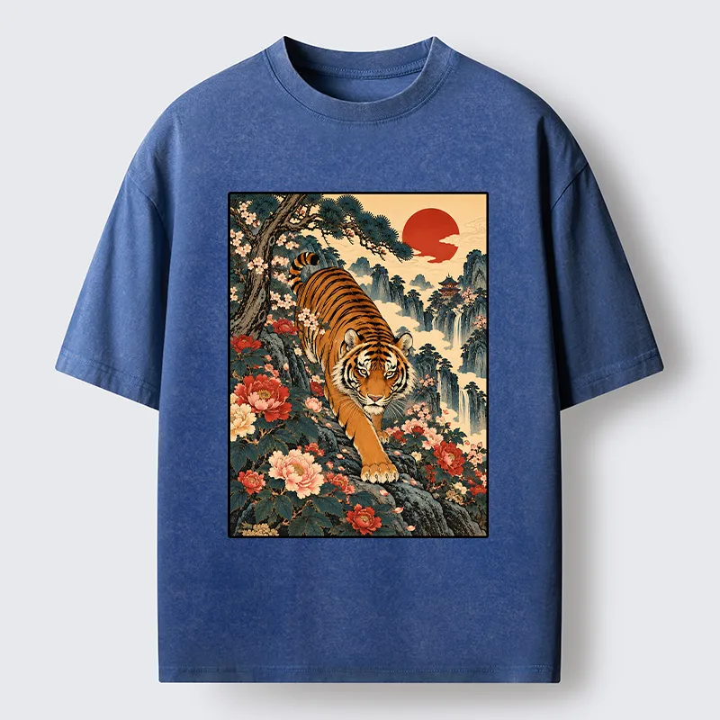 Tokyo-Tiger Vintage Ukiyo Wild Tiger Floral Graphic Washed T-Shirt
