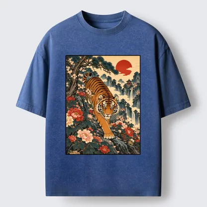 Tokyo-Tiger Vintage Ukiyo Wild Tiger Floral Graphic Washed T-Shirt