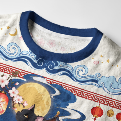 Tokyo-Tiger Japanese Moonlit Sakura Cat Fuzzy Christmas Ugly Sweatshirt