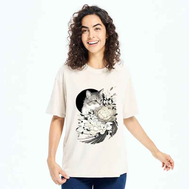 Tokyo-Tiger Graceful Cat In Floral Bouquet Washed T-Shirt