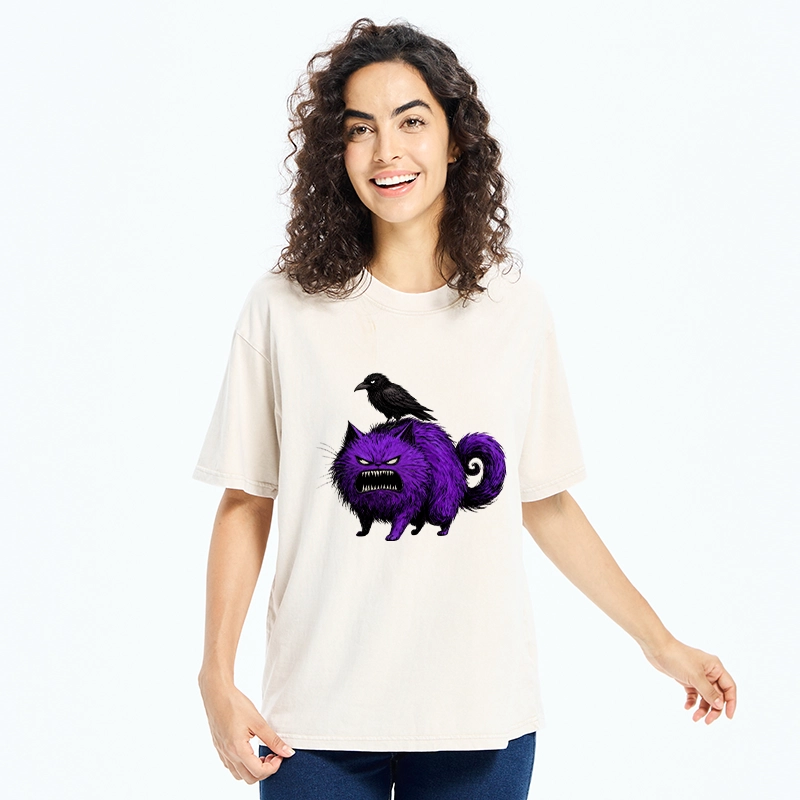 Tokyo-Tiger Spooky Purple Cat Ready To Attack Washed T-Shirt