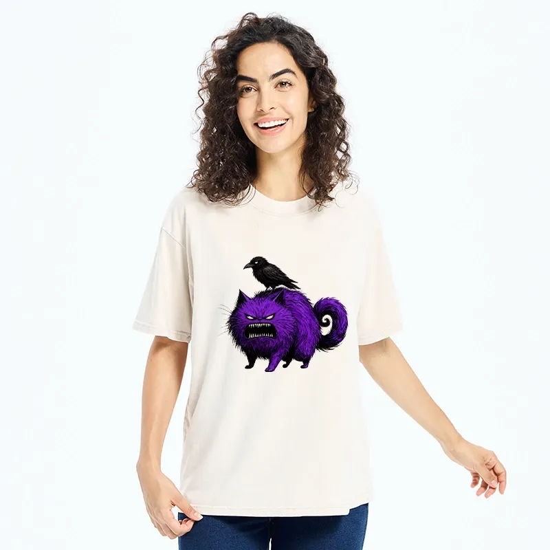 Tokyo-Tiger Spooky Purple Cat Ready To Attack Washed T-Shirt