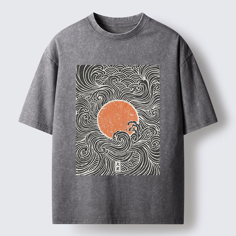 Tokyo-Tiger Ukiyo-e Sun And Waves Washed T-Shirt