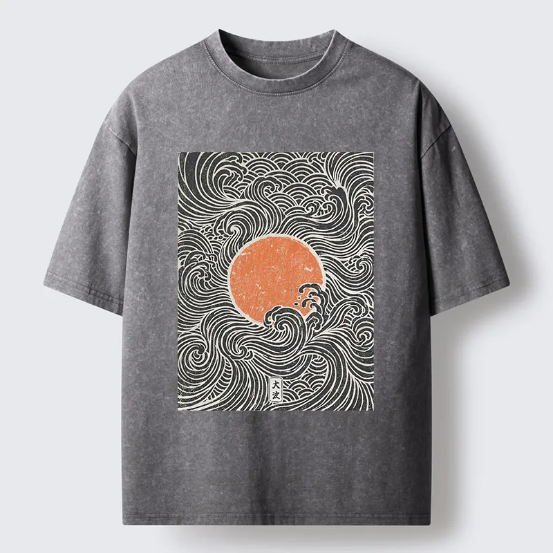 Tokyo-Tiger Ukiyo-e Sun And Waves Washed T-Shirt