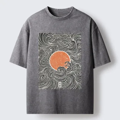 Tokyo-Tiger Ukiyo-e Sun And Waves Washed T-Shirt