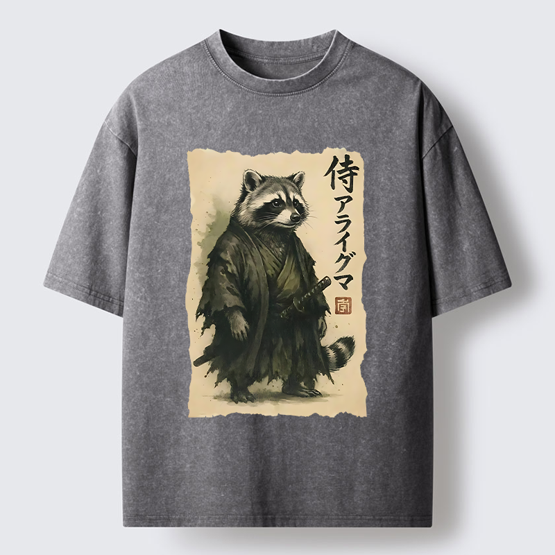 Tokyo-Tiger Japanese Samurai Raccoon Art Washed T-Shirt