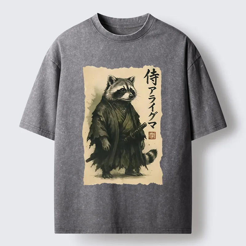 Tokyo-Tiger Japanese Samurai Raccoon Art Washed T-Shirt