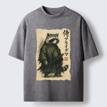 Tokyo-Tiger Japanese Samurai Raccoon Art Washed T-Shirt