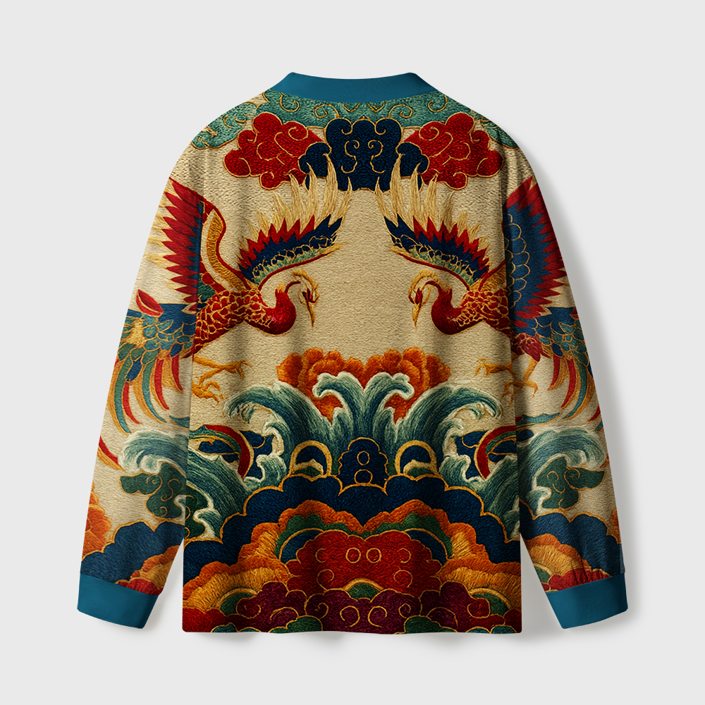 Tokyo-Tiger Vermilion Phoenixes in Brocade Skies Eco-Friendly Long Sleeve T-Shirt