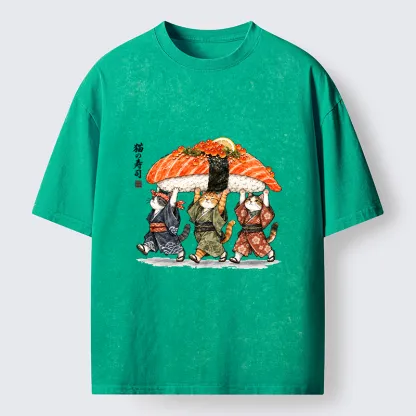 Tokyo-Tiger Funny Sushi Cat Crew Washed T-Shirt