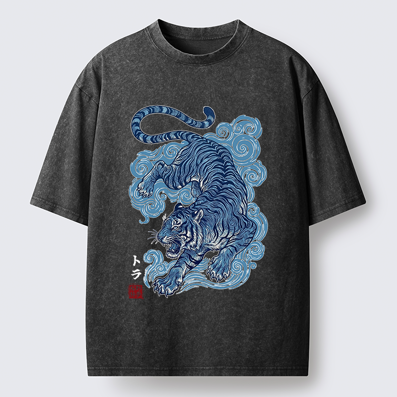 Tokyo-Tiger Japanese Blue Tiger Wave Art Washed T-Shirt