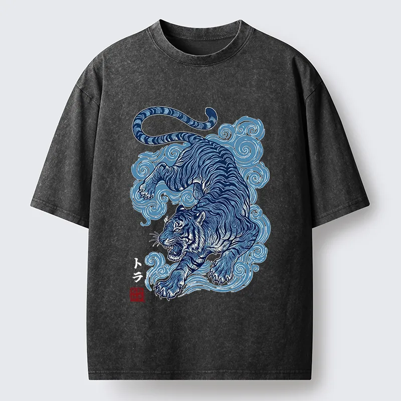 Tokyo-Tiger Japanese Blue Tiger Wave Art Washed T-Shirt