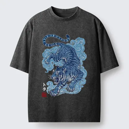 Tokyo-Tiger Japanese Blue Tiger Wave Art Washed T-Shirt
