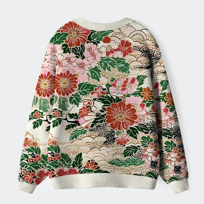 Tokyo-Tiger Floral Splendor Ugly Cardigan Sweater