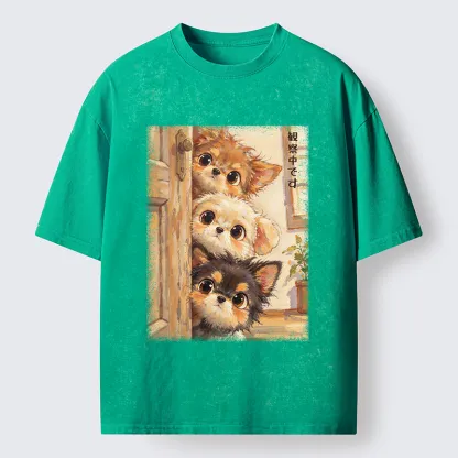 Tokyo-Tiger Puppies Are Peeking At You Washed T-Shirt