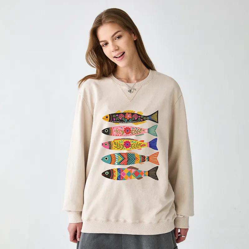 Tokyo-Tiger Colorful Patterned Fish Washed Terry Sweatshirt