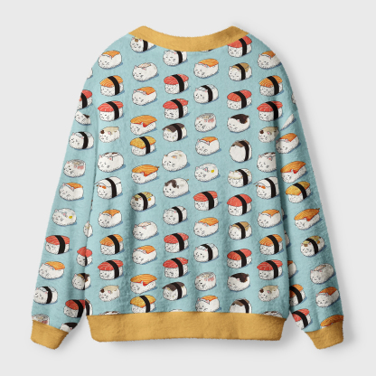 Tokyo-Tiger Funny Cat Sushi Ugly Cardigan Sweater