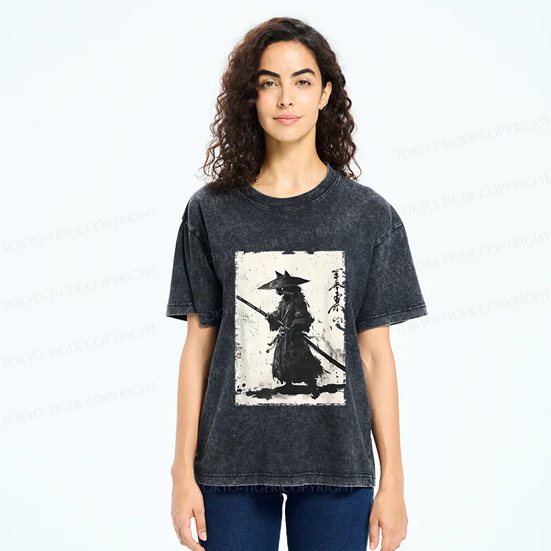 Tokyo-Tiger Handsome Cat Japanese Samurai Washed T-Shirt