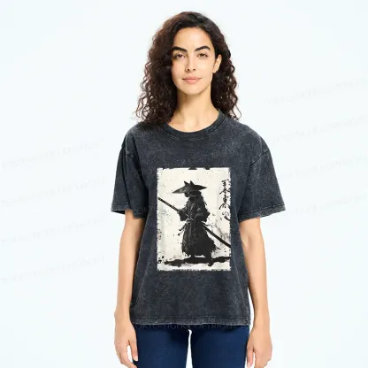 Tokyo-Tiger Handsome Cat Japanese Samurai Washed T-Shirt