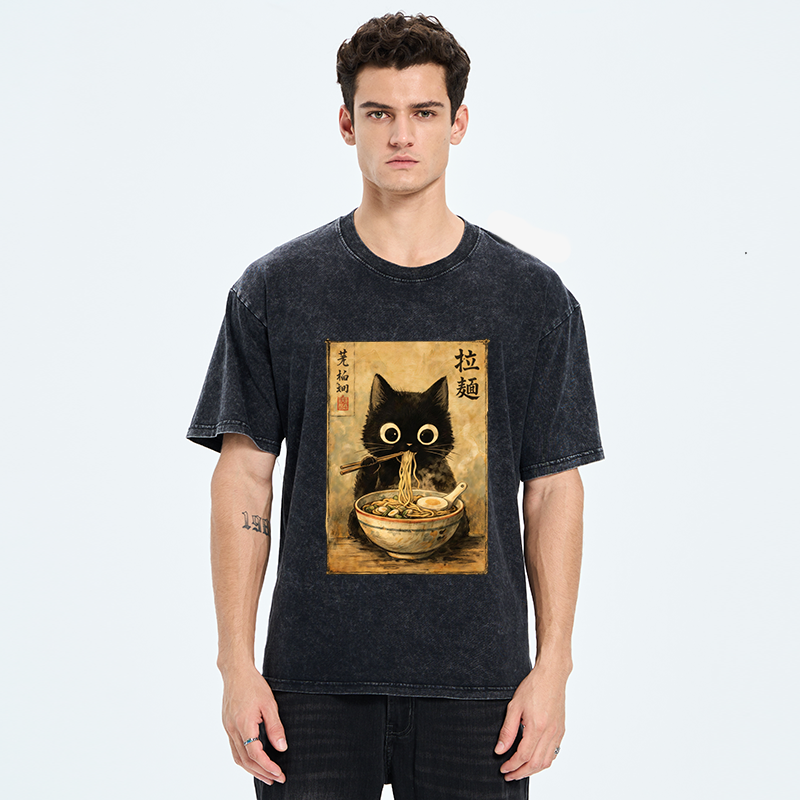 Tokyo-Tiger Cute Black Cat Eating Japanese Ramen Washed T-Shirt
