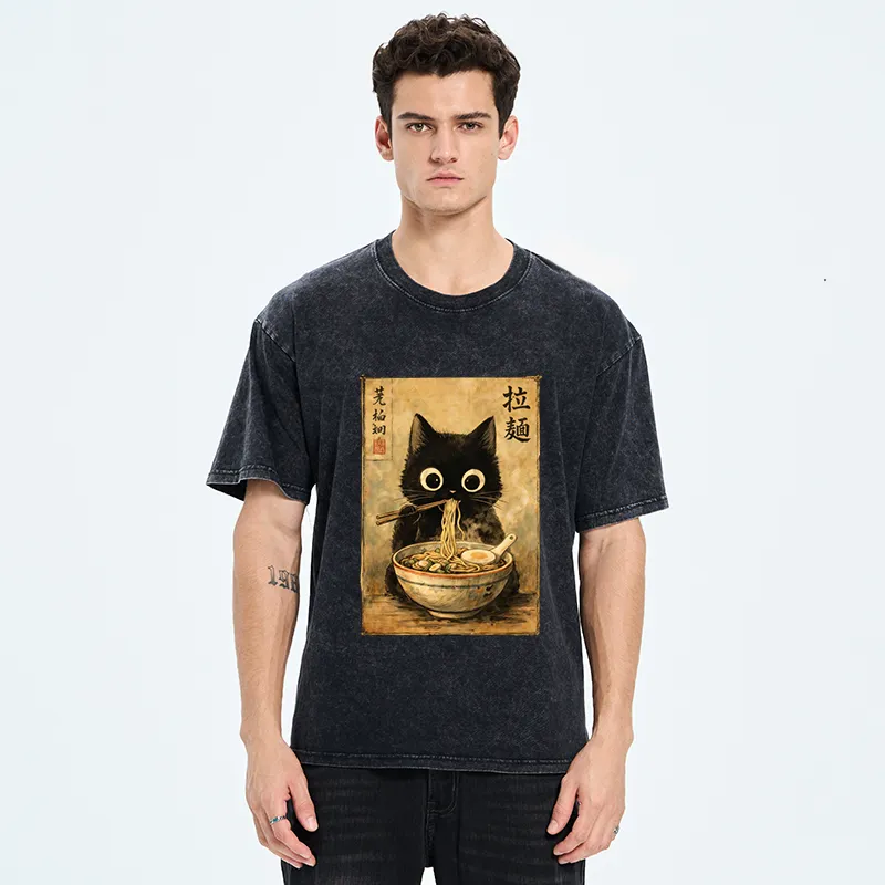 Tokyo-Tiger Cute Black Cat Eating Japanese Ramen Washed T-Shirt