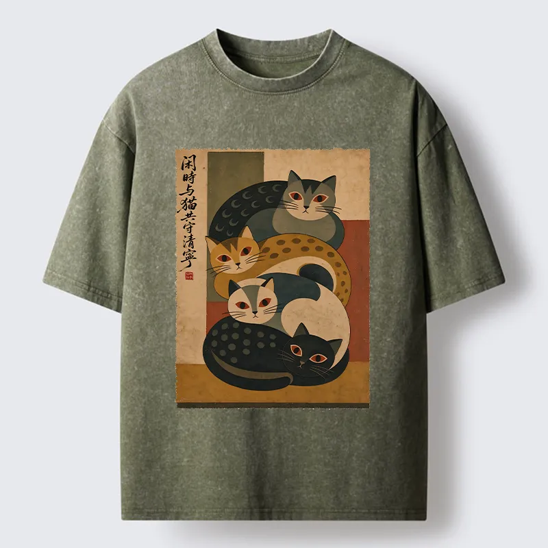 Tokyo-Tiger Retro Stack Cat Art Washed T-Shirt