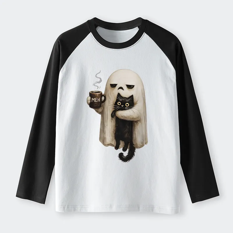 Tokyo-Tiger Ghost Cat Coffee Mood Raglan Long Sleeve T-shirt