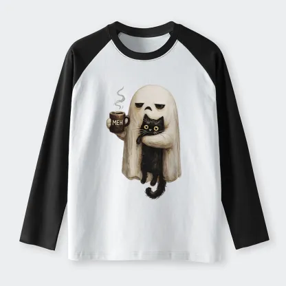 Tokyo-Tiger Ghost Cat Coffee Mood Raglan Long Sleeve T-shirt