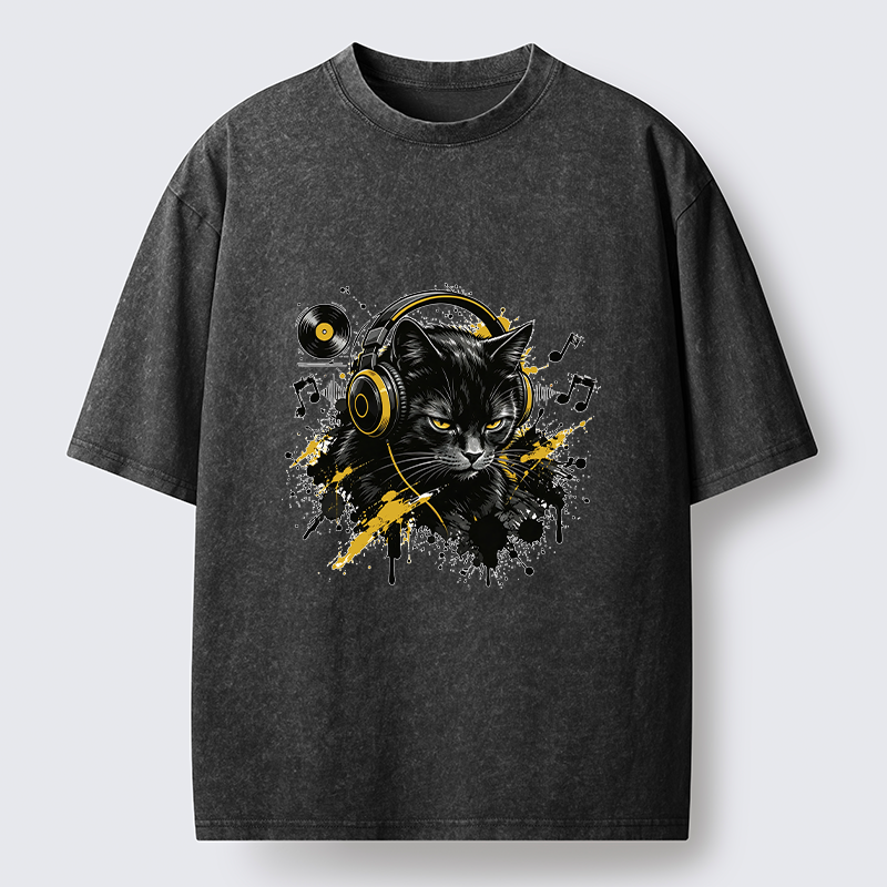 Tokyo-Tiger Black Cat Music Lover Washed T-Shirt