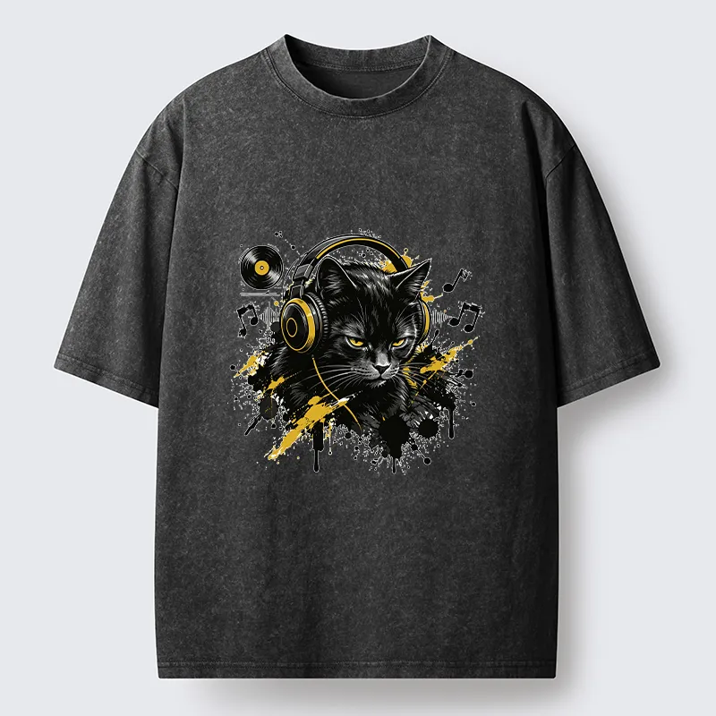 Tokyo-Tiger Black Cat Music Lover Washed T-Shirt