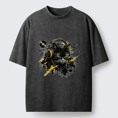 Tokyo-Tiger Black Cat Music Lover Washed T-Shirt
