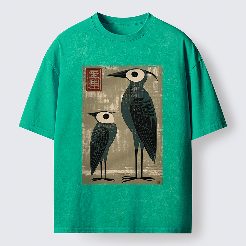 Tokyo-Tiger Retro Two Birds Art Washed T-Shirt