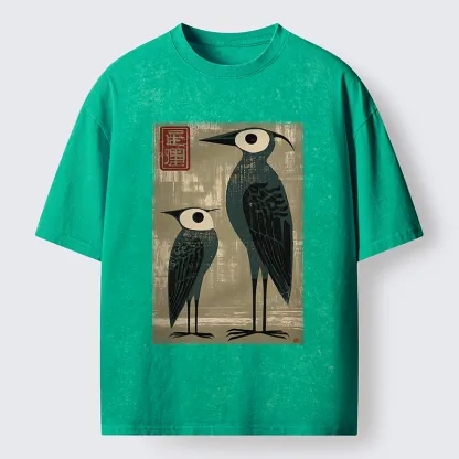 Tokyo-Tiger Retro Two Birds Art Washed T-Shirt