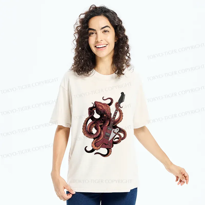 Tokyo-Tiger Octopus Playing Guitar Washed T-Shirt