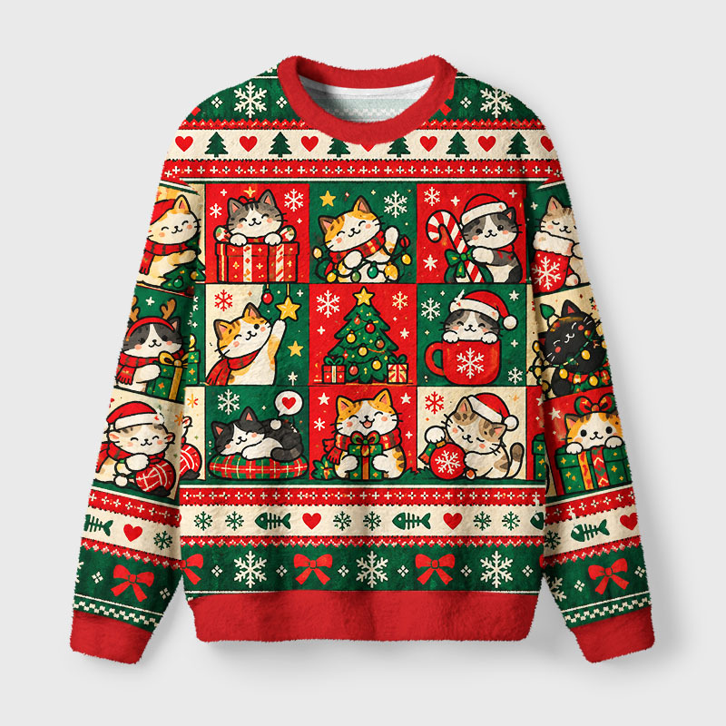 Tokyo-Tiger Christmas Cat Patch Meme Fuzzy Christmas Ugly Sweatshirt