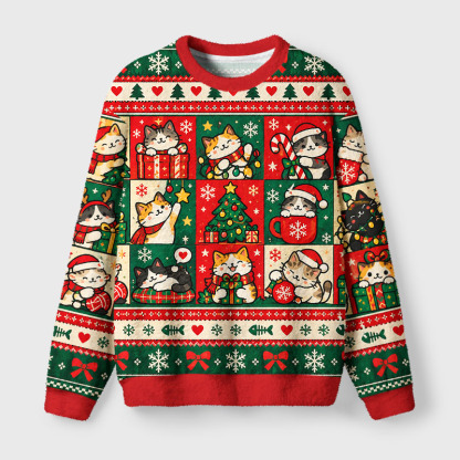 Tokyo-Tiger Christmas Cat Patch Meme Fuzzy Christmas Ugly Sweatshirt