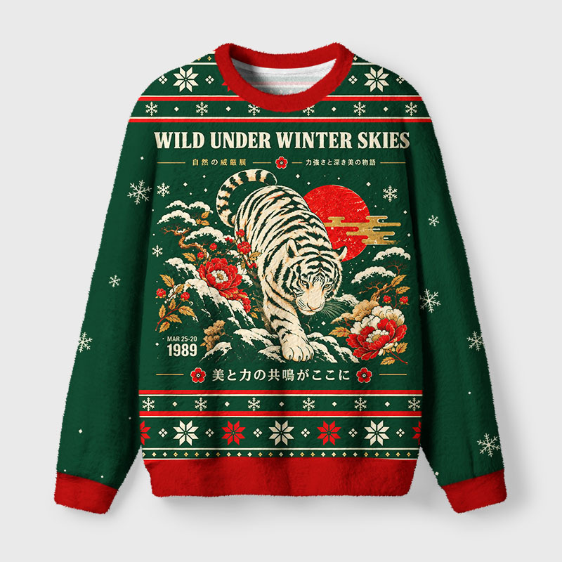 Tokyo-Tiger Winter Wild Tiger Fuzzy Christmas Ugly Sweatshirt