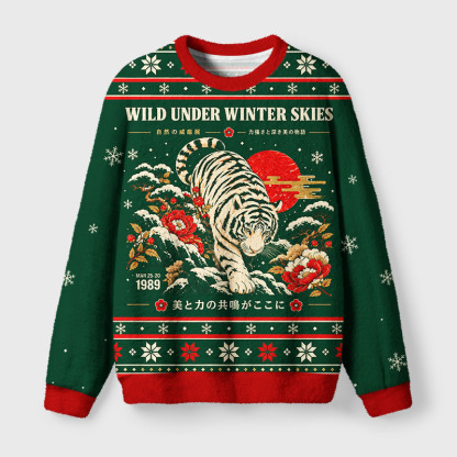 Tokyo-Tiger Winter Wild Tiger Fuzzy Christmas Ugly Sweatshirt