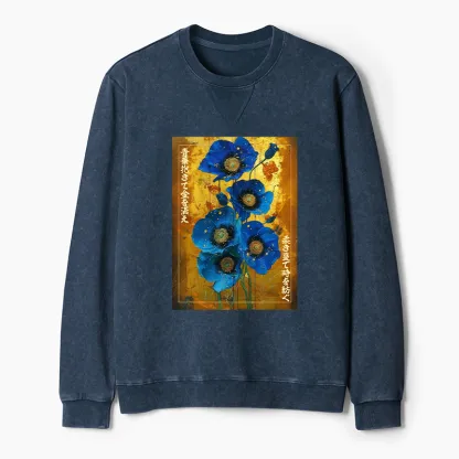 Tokyo-Tiger Shiny Blue Flower Warm Golden Background Washed Terry Sweatshirt