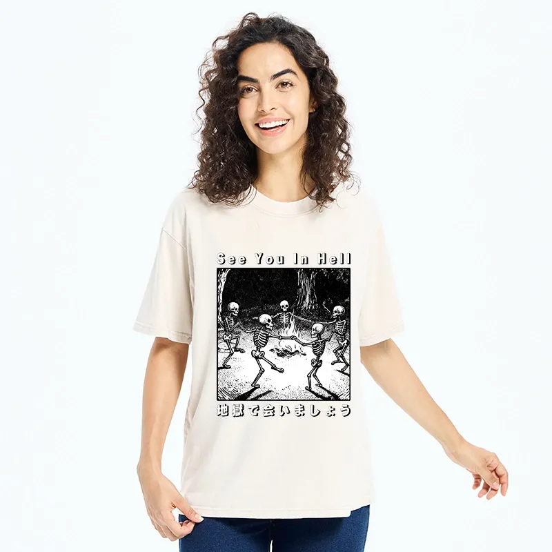 Tokyo-Tiger Funny Skeleton Hell Party Washed T-Shirt
