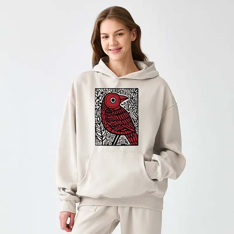 Tokyo-Tiger Retro Woodblock Bird Adult Fleece Hoodie