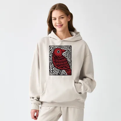 Tokyo-Tiger Retro Woodblock Bird Adult Fleece Hoodie
