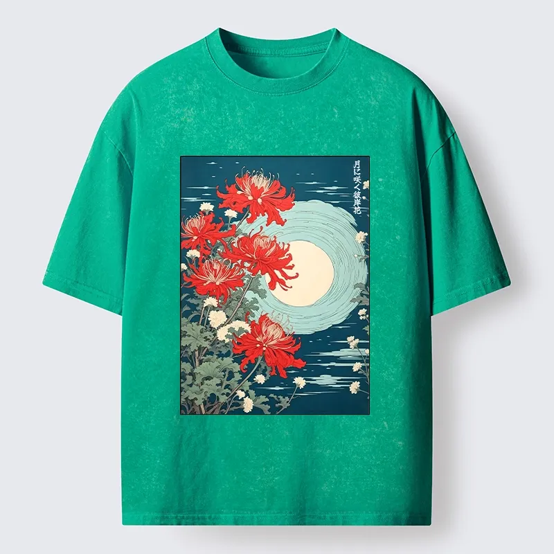 Tokyo‑Tiger Moon Red Spider Lily Washed T‑Shirt