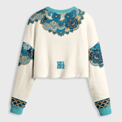 Tokyo-Tiger Cloud‑Resting Floral Women's Fuzzy Cropped Sweatshirt