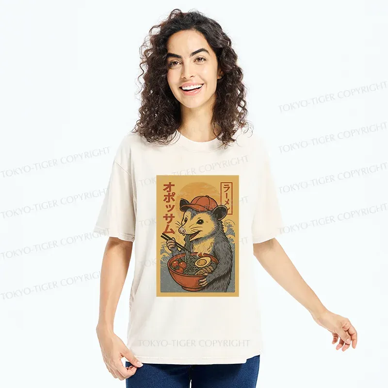 Tokyo-Tiger Opossum Eat Ramen Washed T-Shirt
